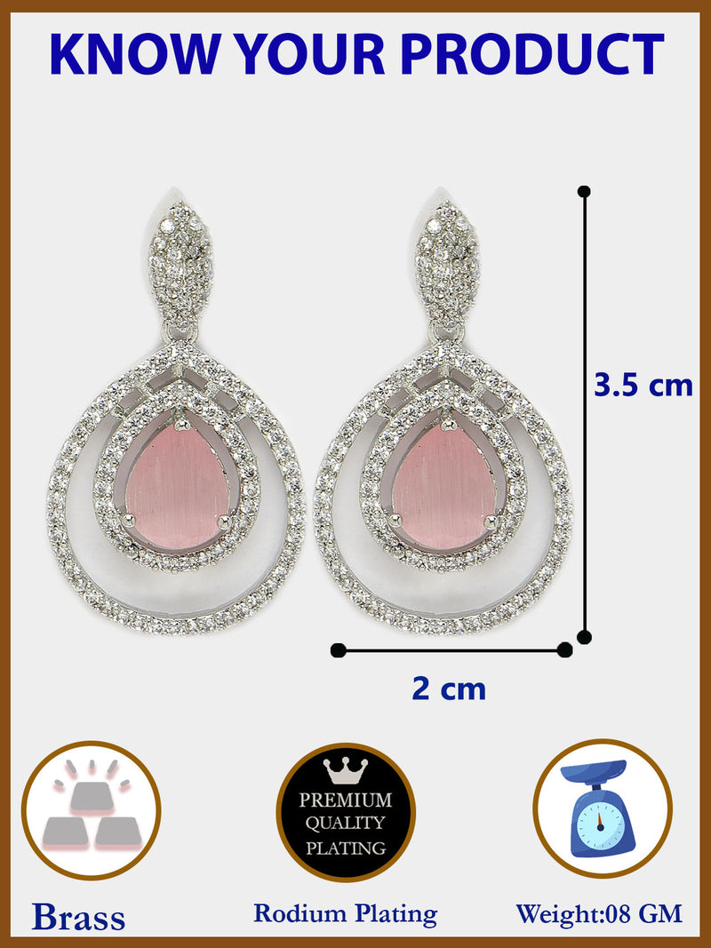 Rhodium Plated Silver Toned with Teardrop Shaped Pink & White American Diamond Drop Earrings