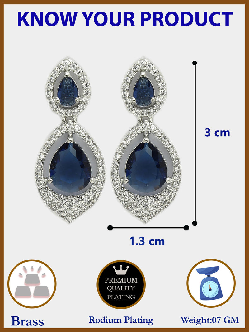 Rhodium Plated with Blue American Diamond Dual Teardrop Design Drop Earrings