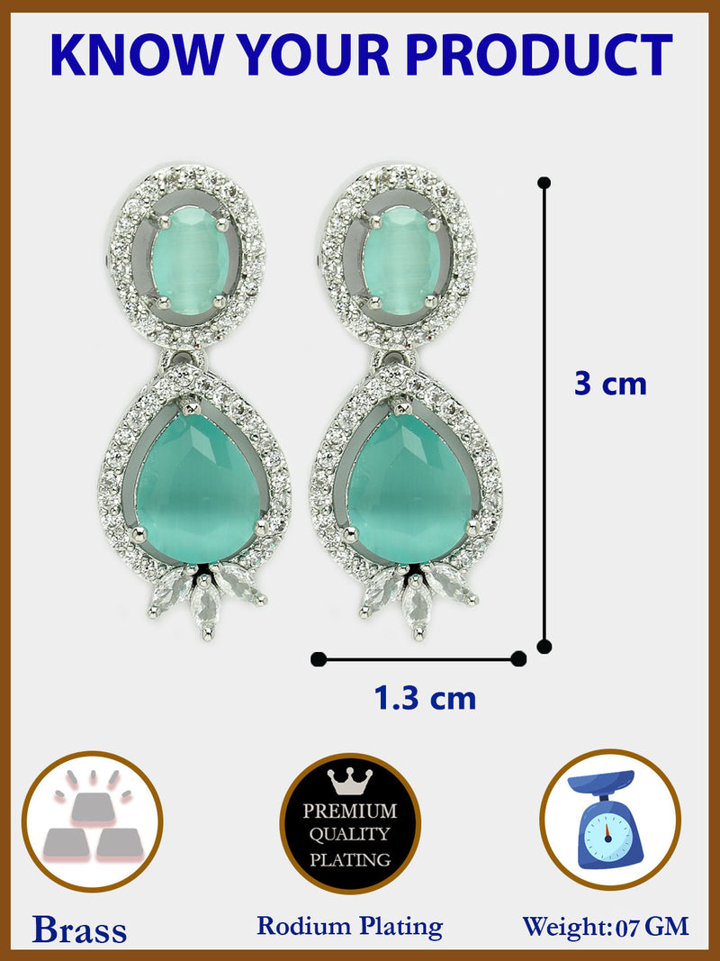 Rhodium Plated with Ocean Blue & White American Diamond Small Drop Earrings