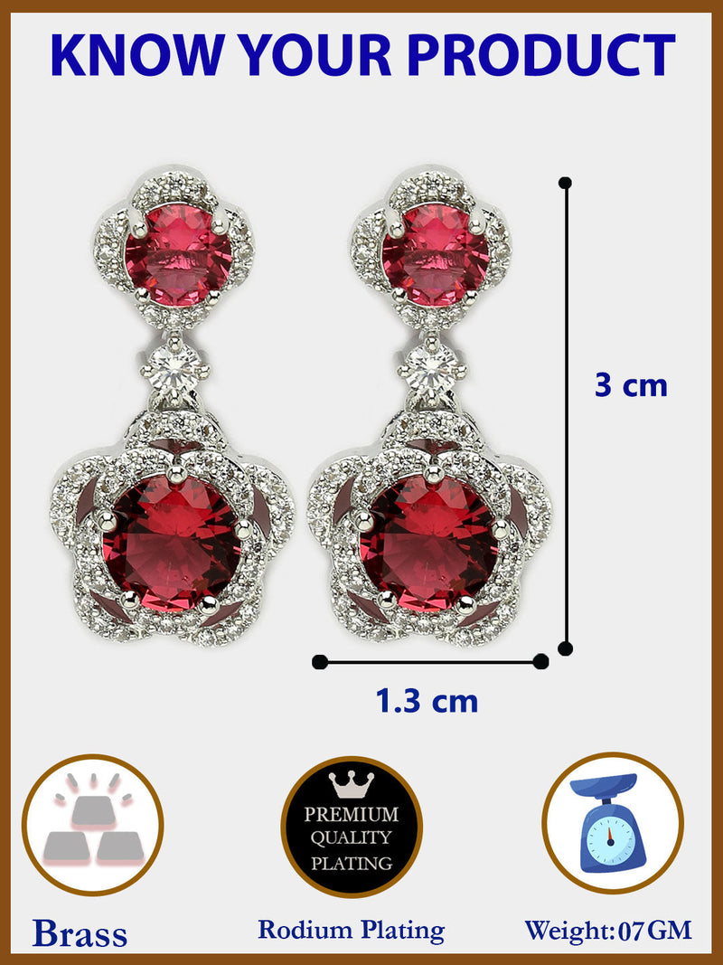 Rhodium Plated with Dual Red American Diamonds Drop Earrings