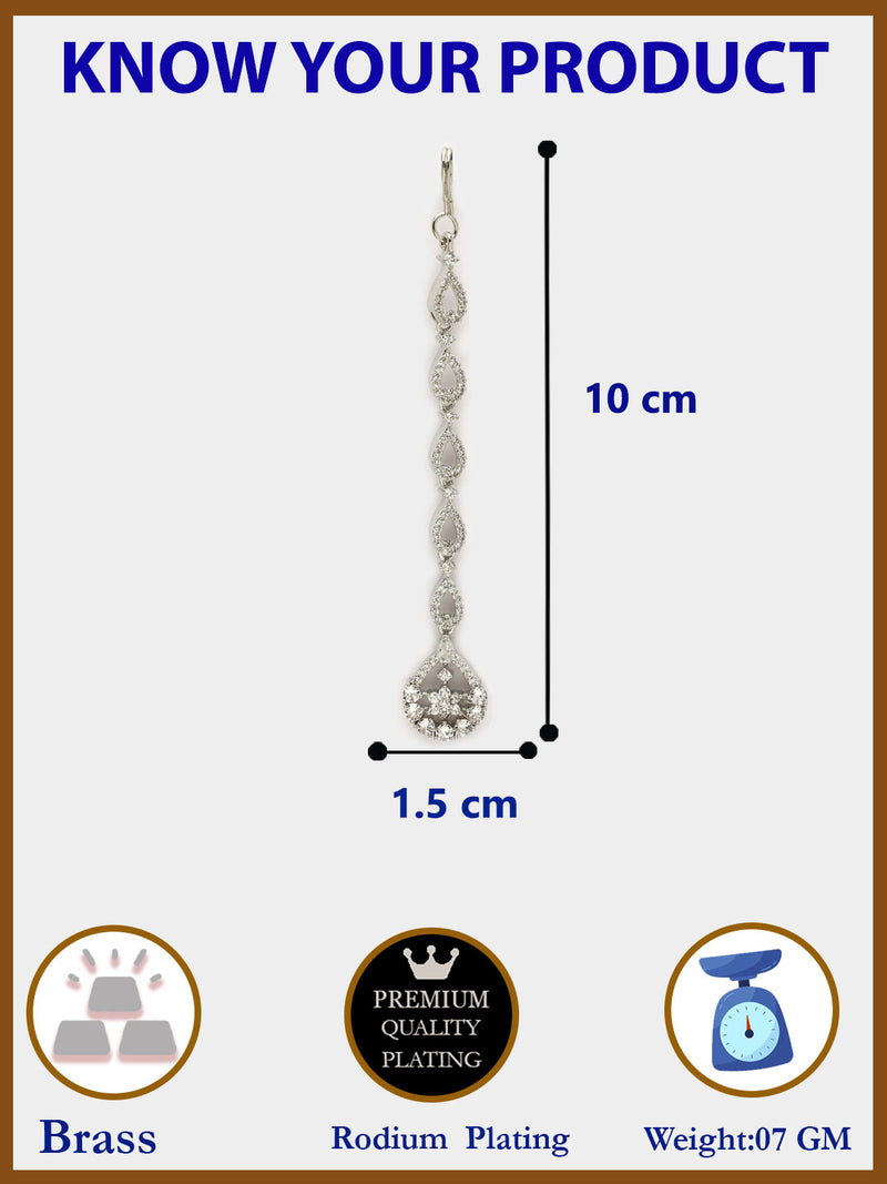 Rhodium Plated with White American Diamond Studded Tear Drop Design Maang Tikka