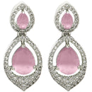 Rhodium Plated Silver Toned American Diamond Dual Teardrop Design Drop Earrings