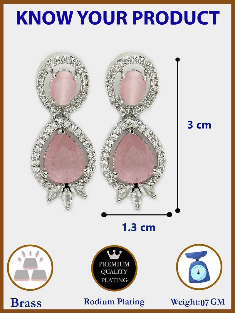 Rhodium Plated with Pink & White American Diamond Small Drop Earrings