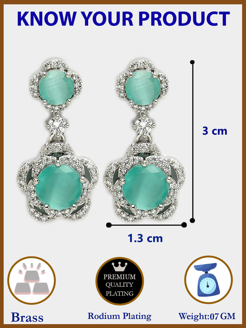 Rhodium Plated with Dual Ocean Blue American Diamonds Drop Earrings