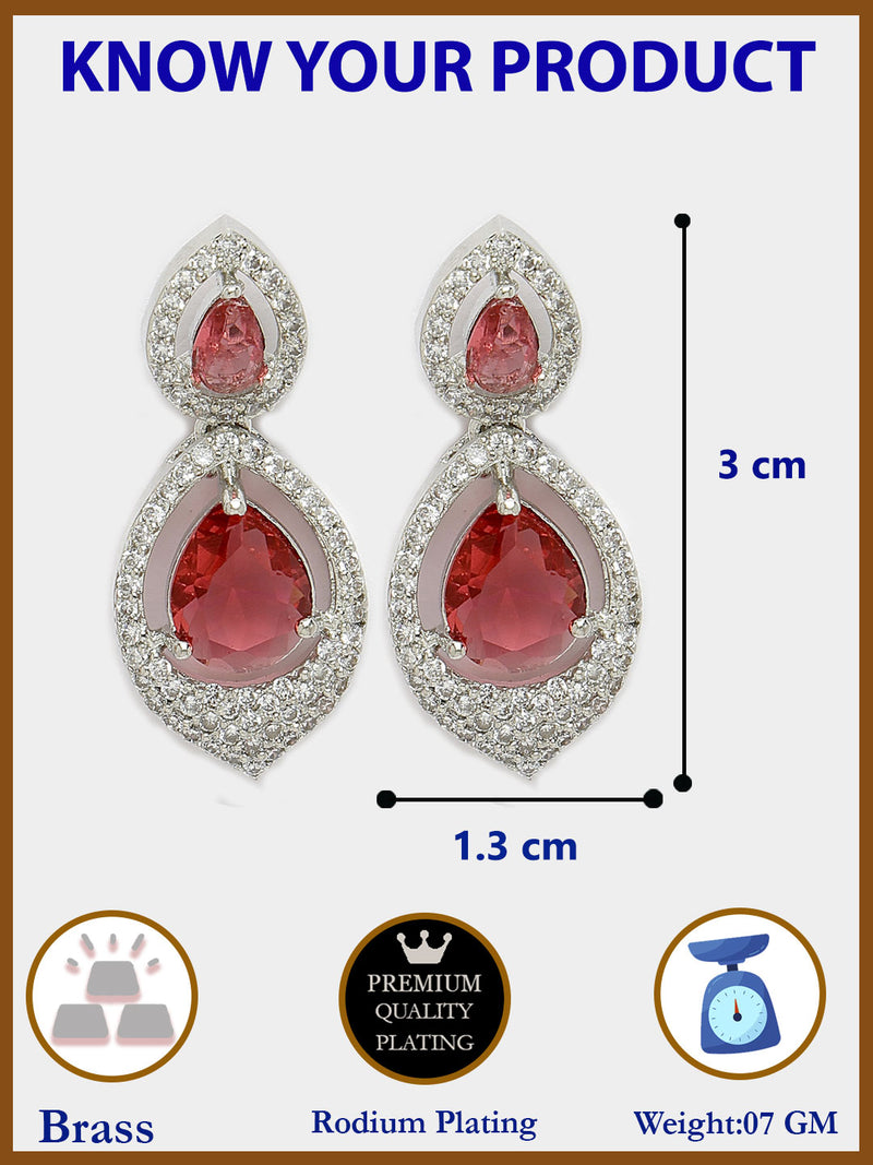 Rhodium Plated with Red American Diamond Dual Teardrop Design Drop Earrings