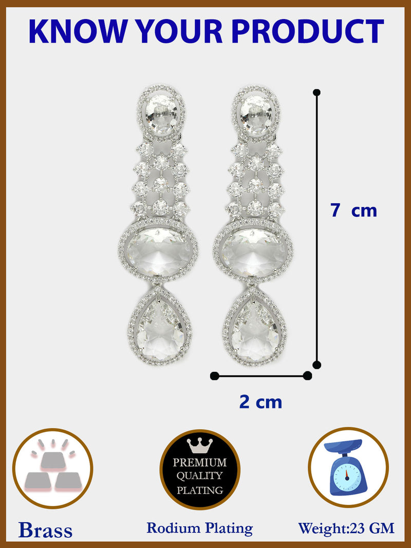 Rhodium Plated with Long Tear Drop Design White American Diamond Drop Earrings