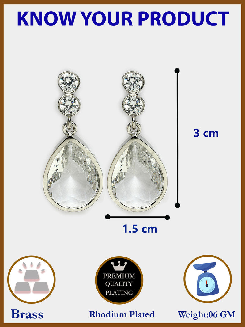 Rhodium Plated Silver Tone with White American Diamond Small Drop Earrings