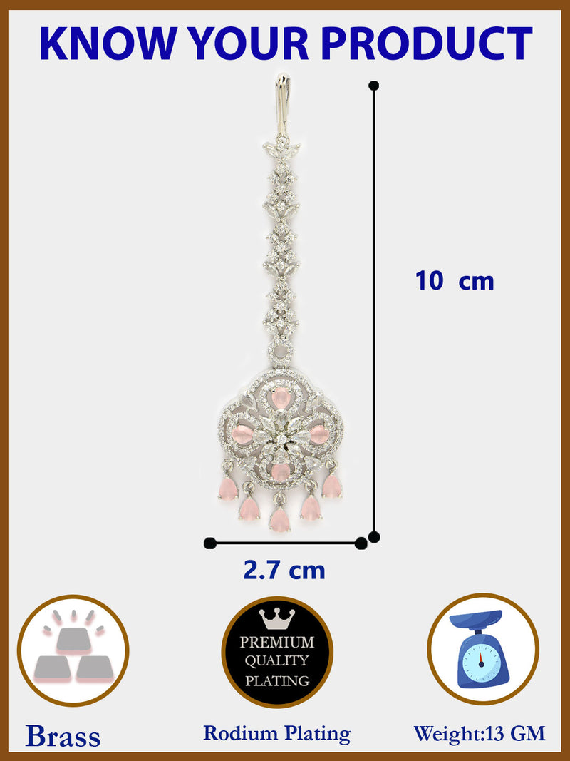 Rhodium Plated Silver Toned Floral Pastel Pink American Diamond Studded Maang Tikka with Elegant Dangling Stones