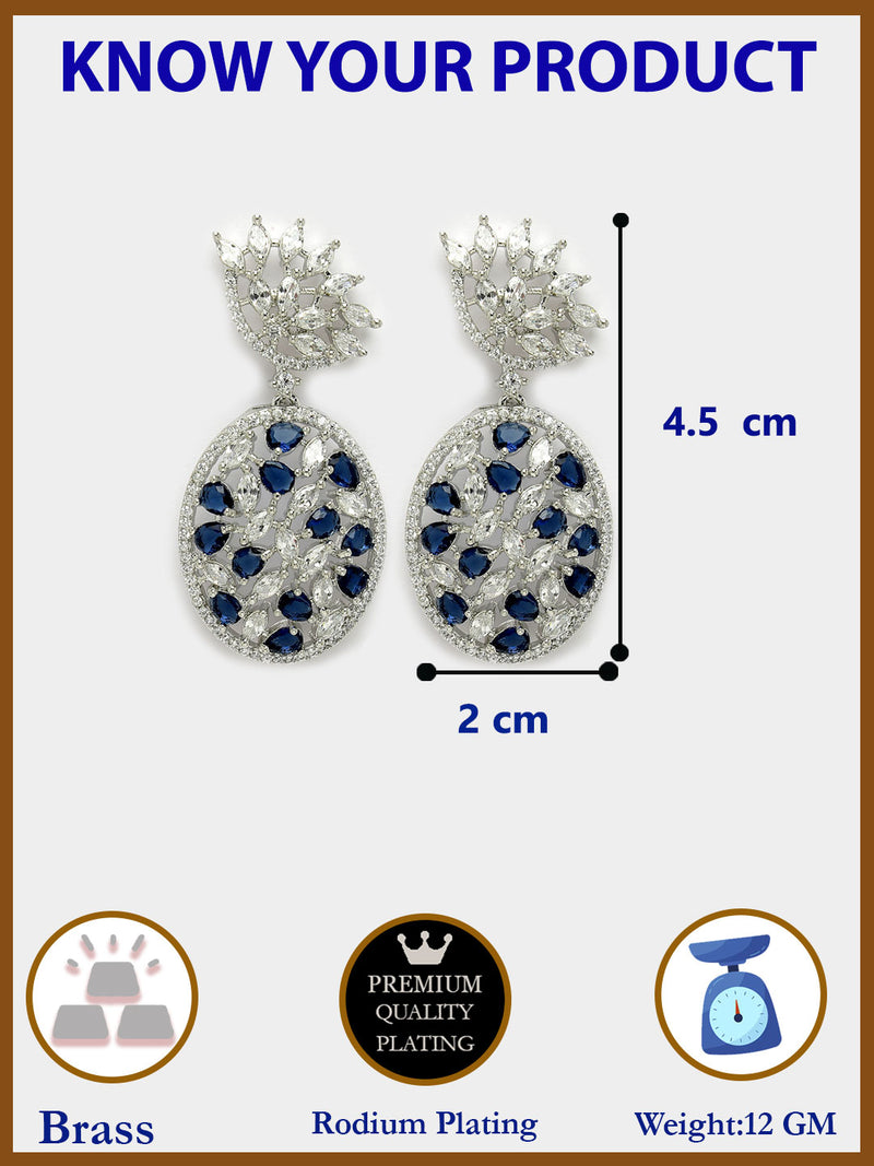 Rhodium Plated Tiny Tear Drops Blue & White American diamond Small Drop Earrings