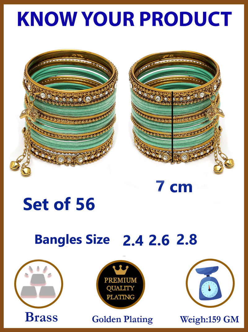 Gold-Plated Velvet Sea Green Set Of 56 Traditional Tasseled With Ghunghru Chuda Bangles