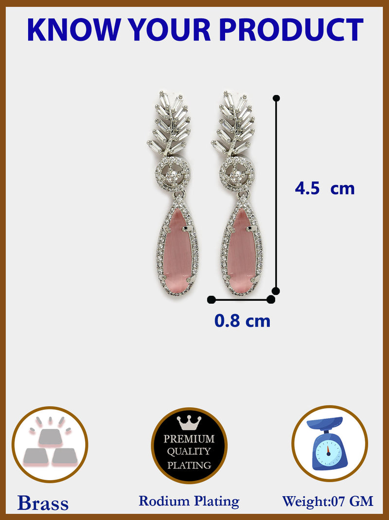 Rhodium Plated Silver Toned with Pink American Diamond Small Drop Earrings