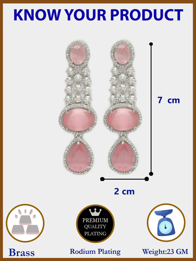 Rhodium Plated with Long Tear Drop Design Pink & White American Diamond Drop Earrings