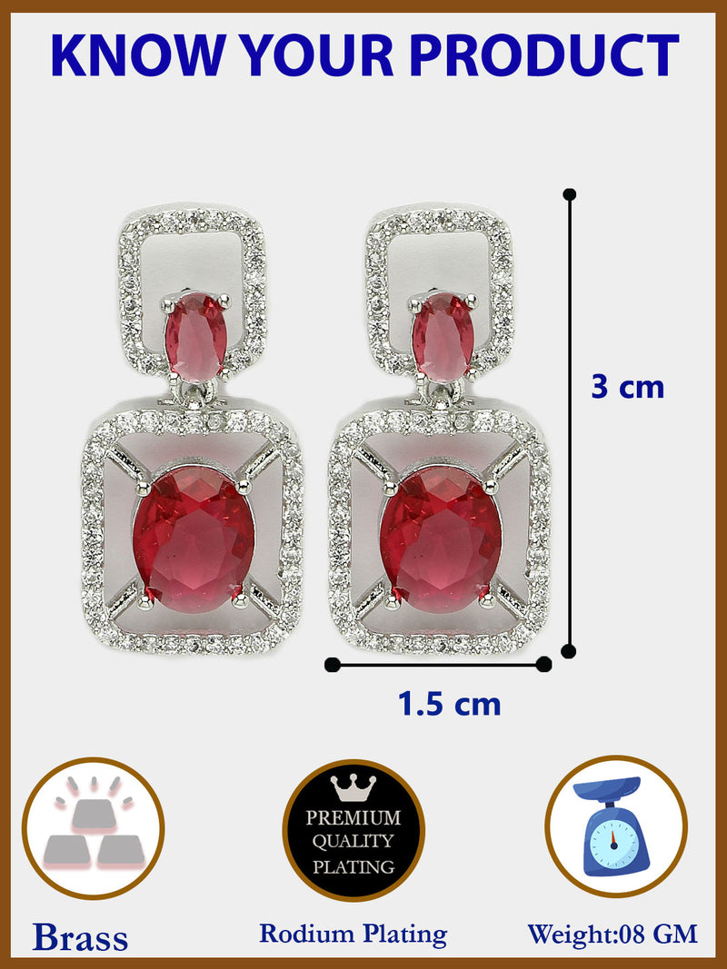 Rhodium Plated with Red American Diamond Stylish Square Shaped Small Drop Earrings