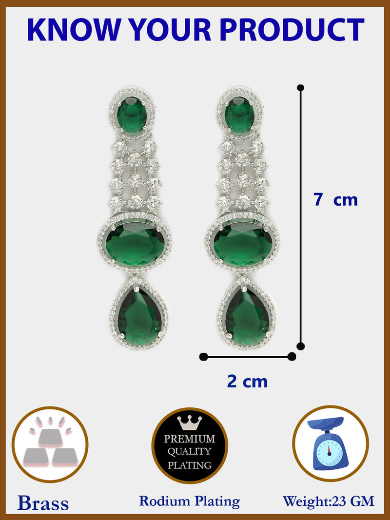 Rhodium Plated with Long Tear Drop Design Green & White American Diamond Drop Earrings