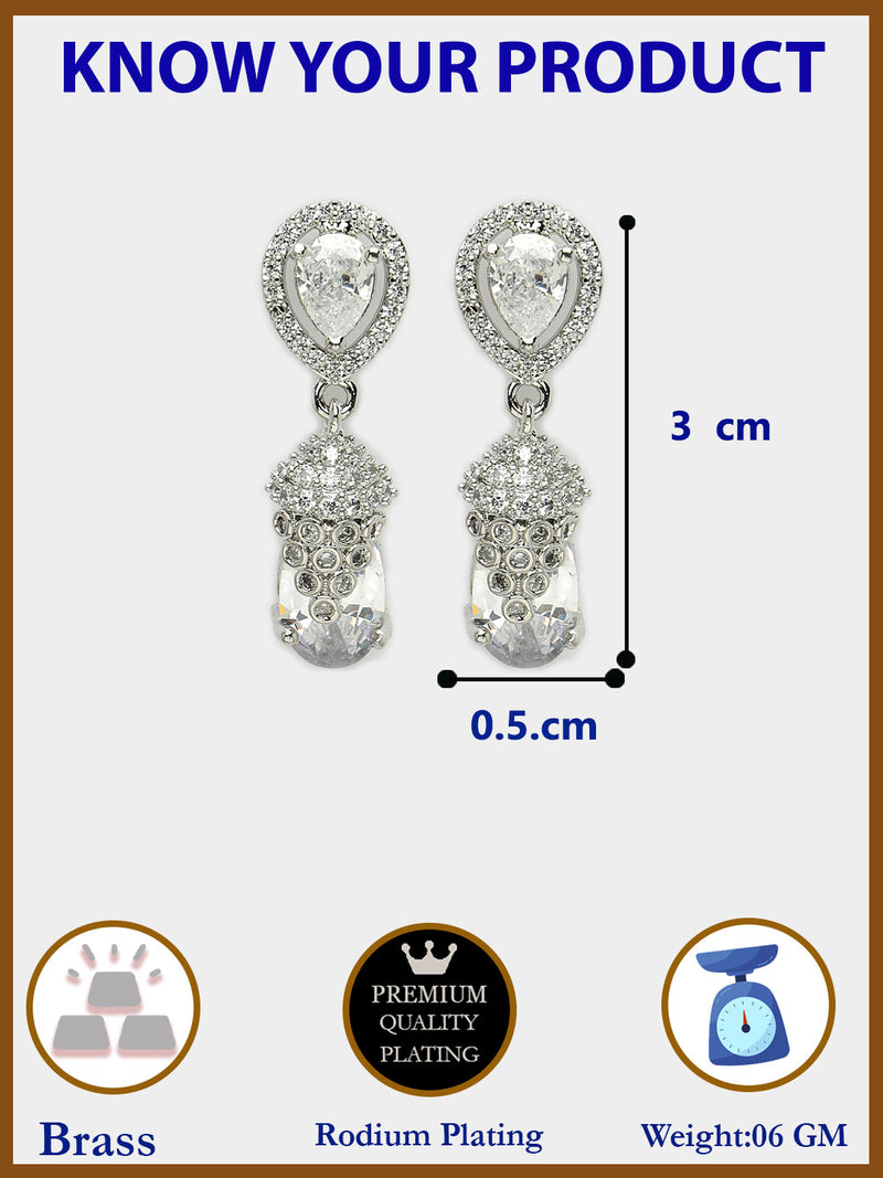 Rhodium Plated Silver Toned with White American Diamond Small Drop Earrings