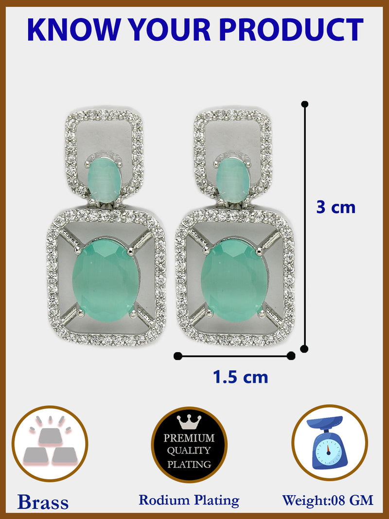 Rhodium Plated with Ocean Blue American Diamond Stylish Square Shaped Small Drop Earrings