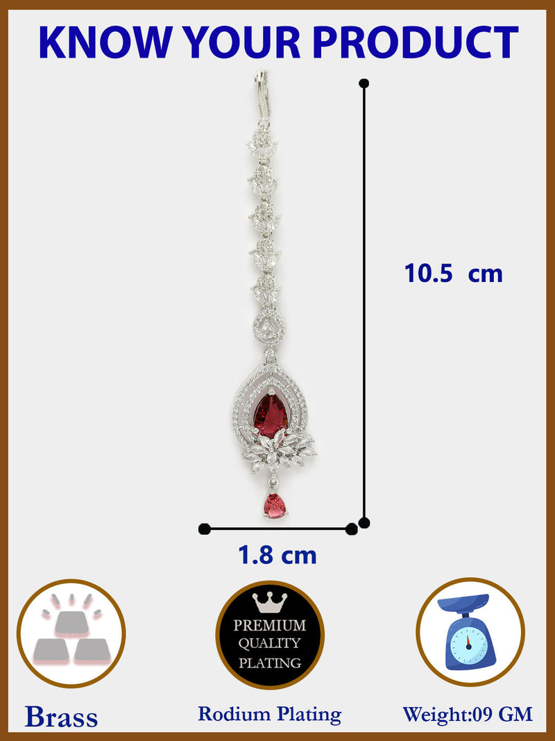 Rhodium Plated Silver Toned Ruby Red American Diamond  Floral Teardrop Maang Tikka  with Elegant Dangling Stones