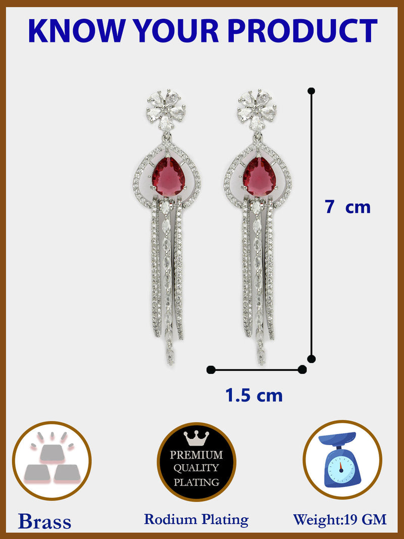 Rhodium Plated with Cluster Design Red & White American Diamond Dangler Earrings