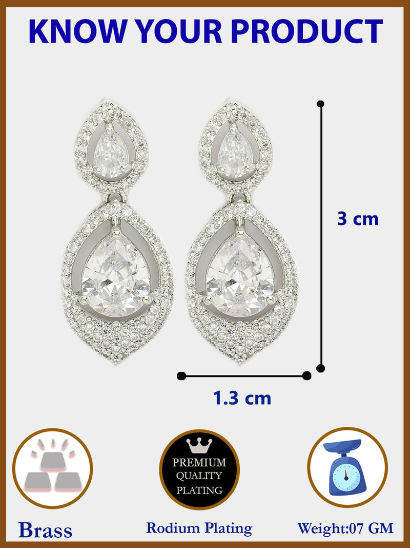 Rhodium Plated with White American Diamond Dual Teardrop Design Drop Earrings