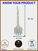 Rhodium Plated Silver Toned Floral Mint Green American Diamond Studded Maang Tikka with Elegant Dangling Stones