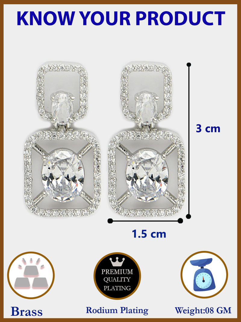 Rhodium Plated with White American Diamond Stylish Square Shaped Small Drop Earrings