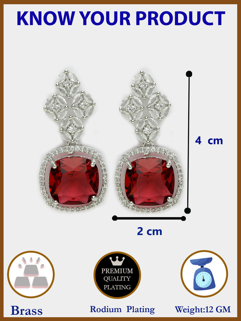 Rhodium Plated Silver Toned with Red American Diamond Small Drop Earrings