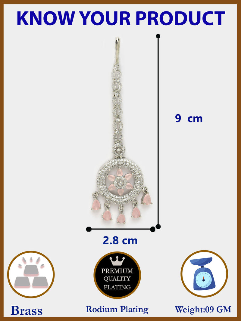 Rhodium Plated Silver Toned Pink American Diamond  Maang Tikka with Elegant Dangling Stones