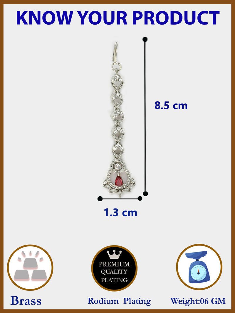 Rhodium Plated with Red & White American Diamond Studded Stylish Maang Tikka