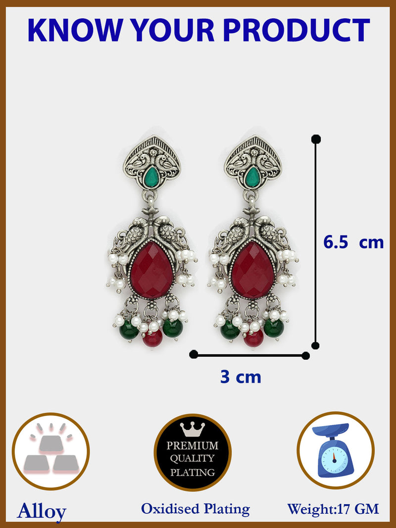 Oxidized Plated with Red & Green Cubic Zirconia Danglers Earrings