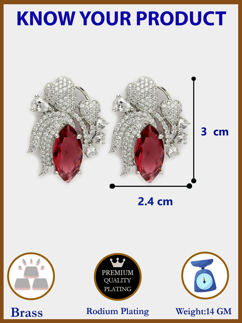 Rhodium Plated Floral Design with Red & White American Diamond Stud Earrings