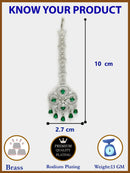 Rhodium Plated Silver Toned Floral Green American Diamond Studded Maang Tikka with Elegant Dangling Stones