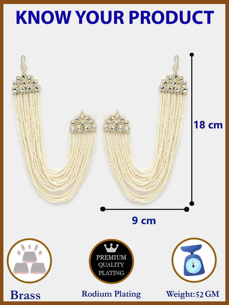 Rhodium Plated with White Pearls Studded Long Chain Attachment for Earrings