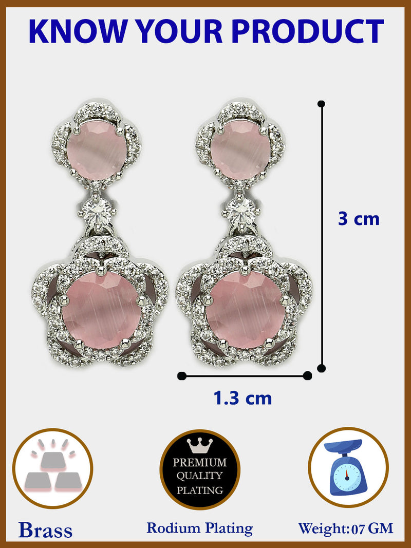 Rhodium Plated with Dual Pink American Diamonds Drop Earrings