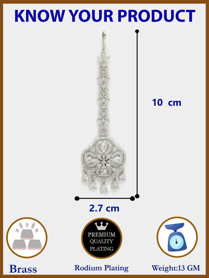 Rhodium Plated Silver Toned Floral White American Diamond Studded Maang Tikka with Elegant Dangling Stones