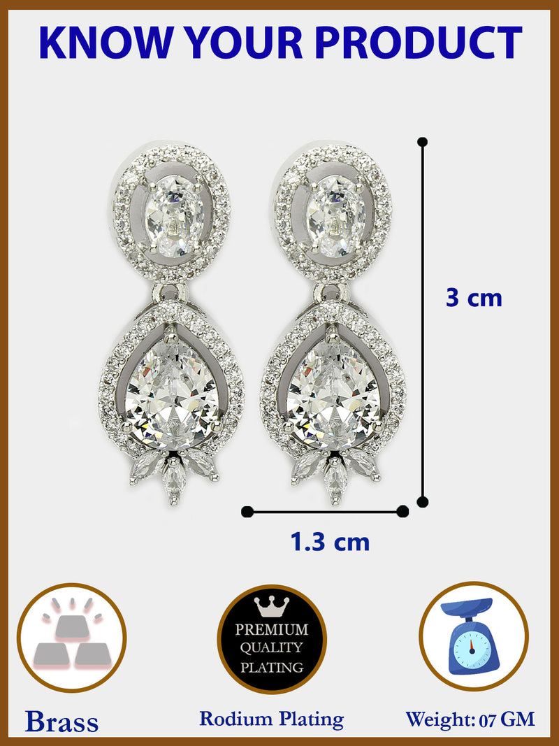 Rhodium Plated with White American Diamond Small Drop Earrings