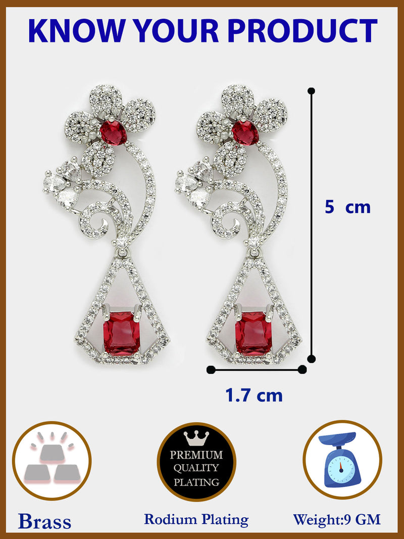 Rhodium Plated with Stylish Flower Design Red & White American Diamond Small Drop Earrings