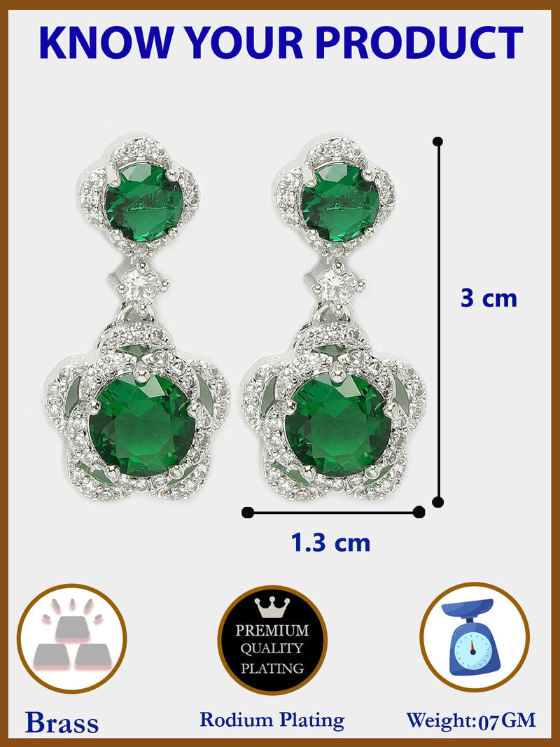 Rhodium Plated with Dual Green American Diamonds Drop Earrings