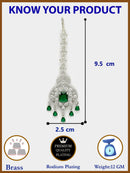 Rhodium Plated Silver Toned Green  American Diamond  Pear  Maang Tikka With Elegant Dangling Stones