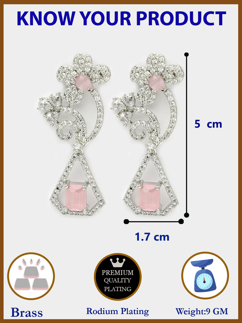 Rhodium Plated with Stylish Flower Design Pink & White American Diamond Small Drop Earrings