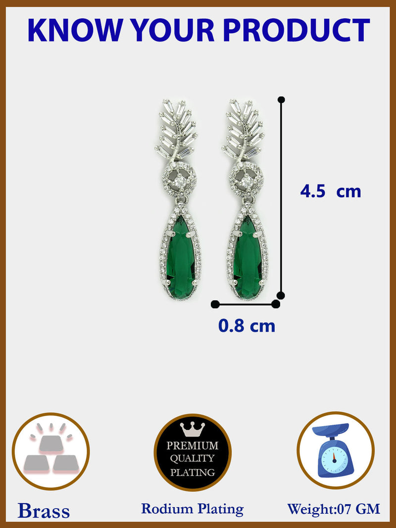 Rhodium Plated Silver Toned with Green American Diamond Small Drop Earrings