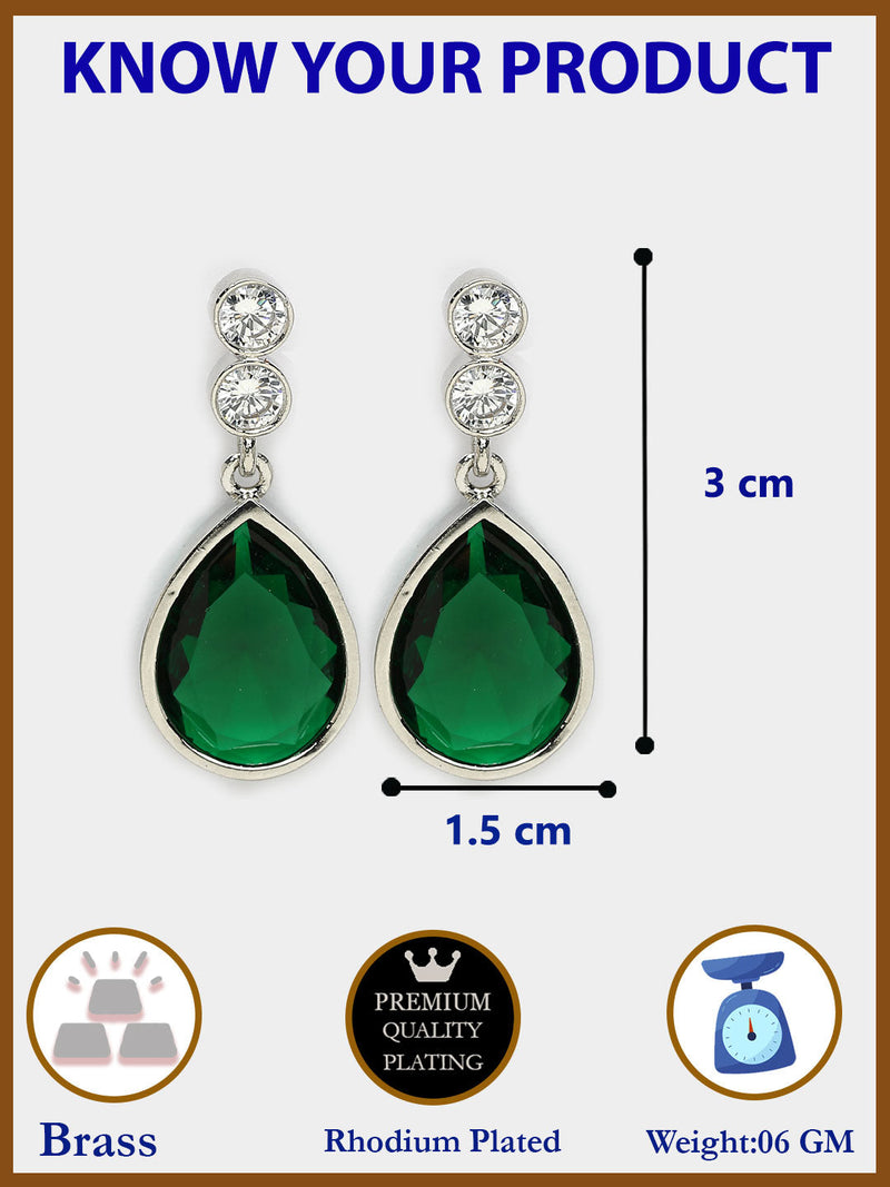 Rhodium Plated Silver Tone with Blue American Diamond Small Drop Earrings