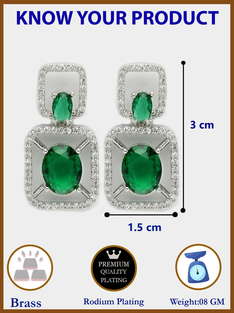 Rhodium Plated with Green American Diamond Stylish Square Shaped Small Drop Earrings