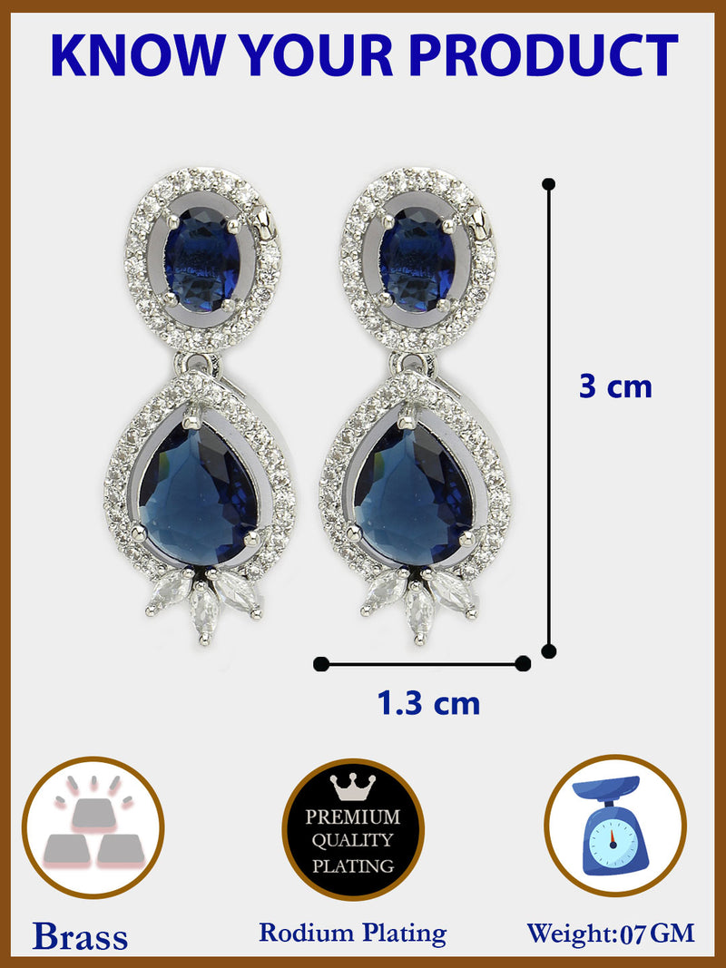 Rhodium Plated with Blue & White American Diamond Small Drop Earrings