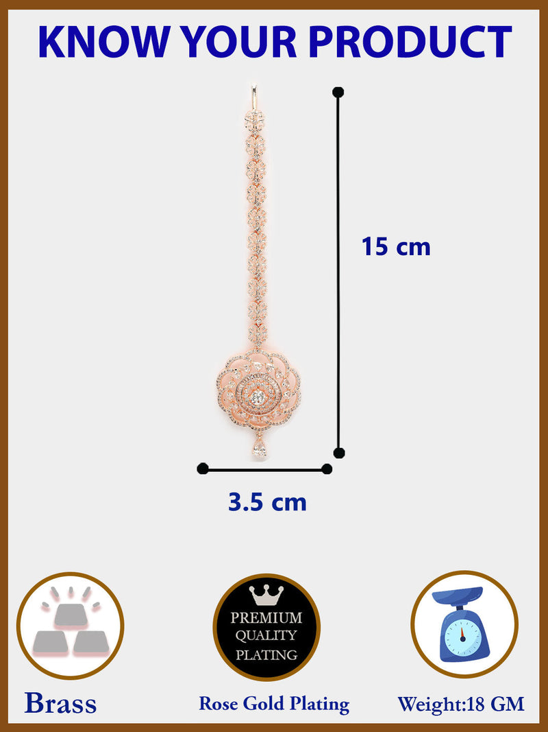 Rose Gold Plated Silver Toned Round White American Diamonds Studded Maang Tikka
