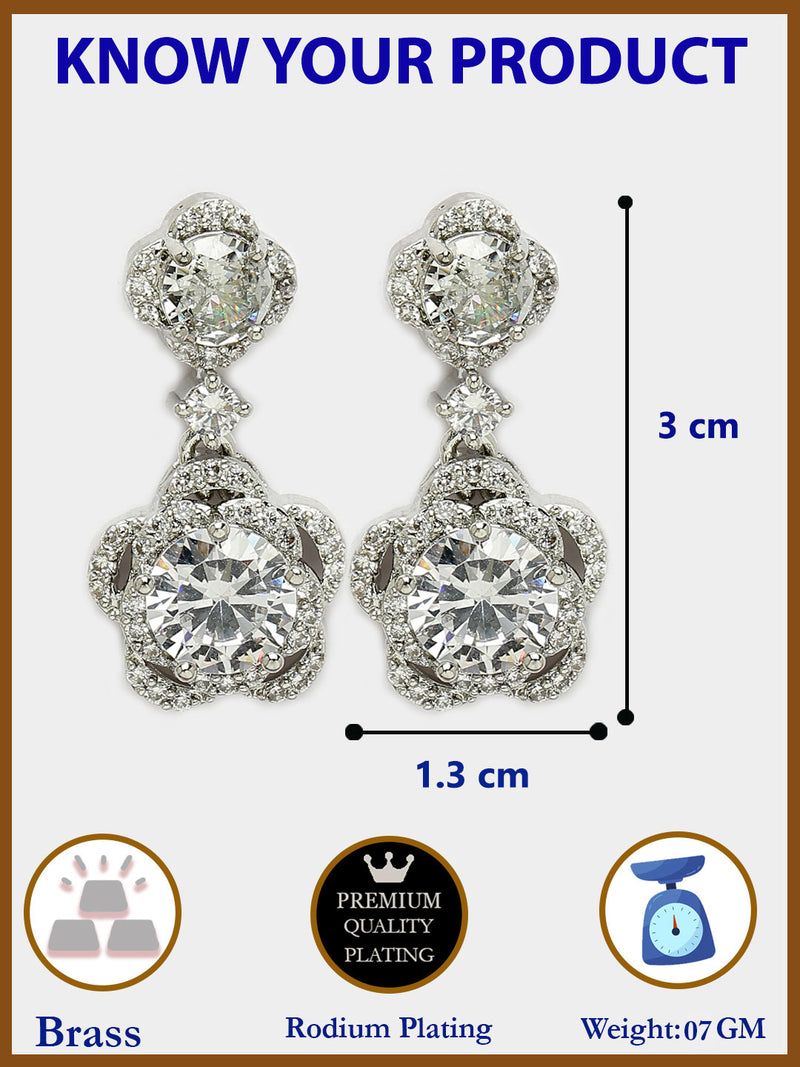 Rhodium Plated with Dual White American Diamonds Drop Earrings