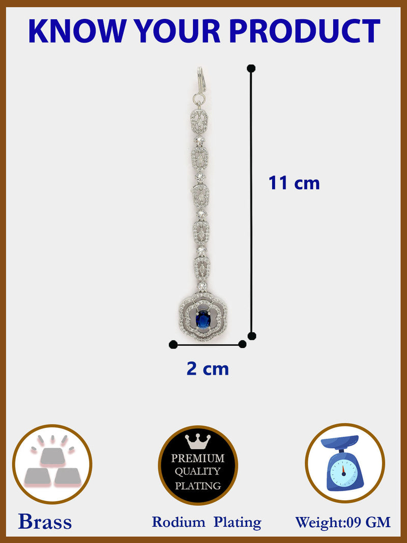 Rhodium Plated Silver Toned  Floral Blue American Diamond Studded  Maang Tikka