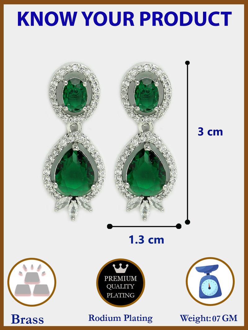 Rhodium Plated with Green & White American Diamond Small Drop Earrings