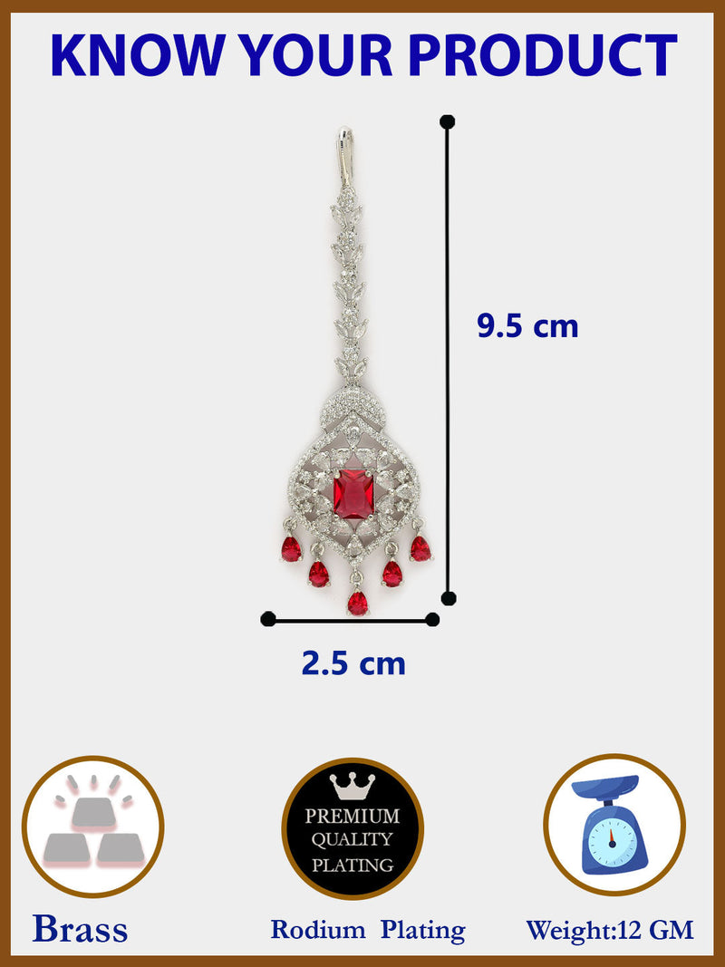Rhodium Plated Silver Toned Leaf Teardrop Shaped Red American Diamond Studded Maang Tikka