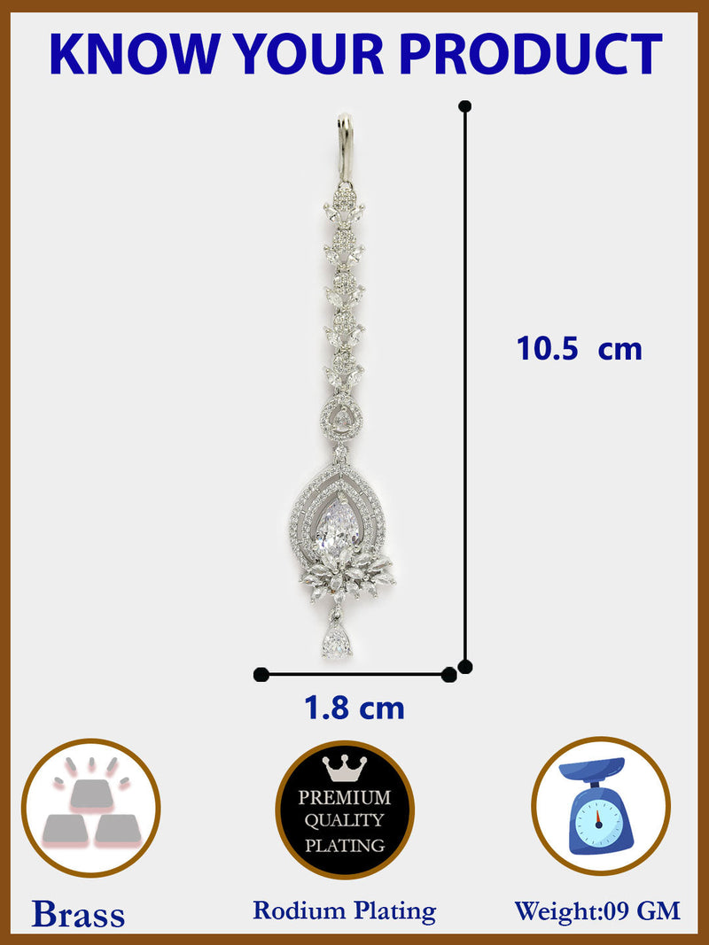 Rhodium Plated Silver Toned White American Diamond  Floral Teardrop Maang Tikka with Elegant Dangling Stones