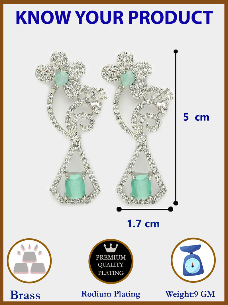 Rhodium Plated with Stylish Flower Design Ocean Blue & White American Diamond Small Drop Earrings